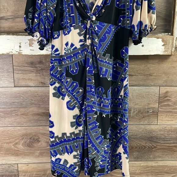 NINE WEST Short Elastic Sleeve Vneck Knotted Ruched Bodice Dress Size 4 Blue - Picture 5 of 10